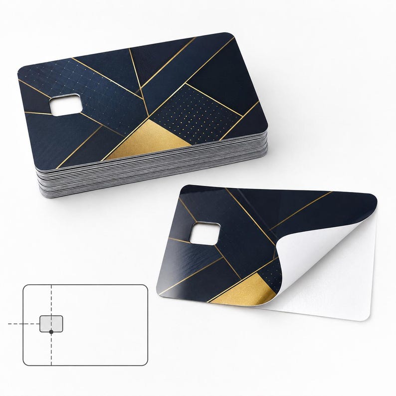 May include: A stack of navy blue and gold geometric design cards with a square cutout. One card is peeled back, revealing a white underside. The design features gold lines and shapes on a dark blue background.