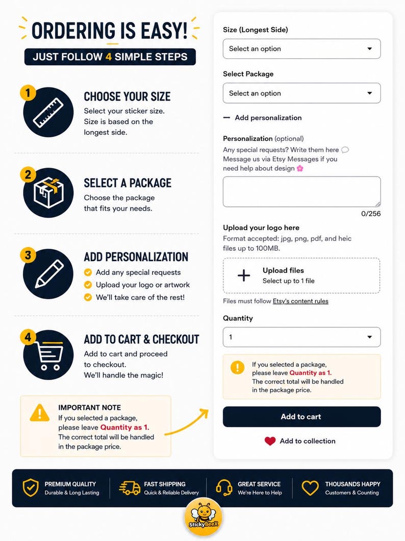 May include: A white graphic with instructions for ordering stickers. The steps include choosing a size, selecting a package, adding personalization, and adding to cart. The image also shows options for uploading a logo and a quantity selection.