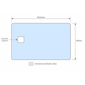 May include: A light blue rectangular card with rounded corners, featuring a chip slot and dimensions labeled as 85.6mm x 54mm. The text "STICKER COVERAGE AREA" is also present. The chip slot measures 12mm x 9mm.