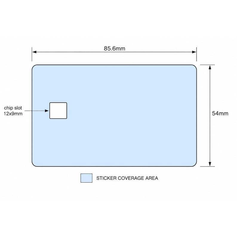May include: A light blue rectangular card with rounded corners, featuring a chip slot and dimensions labeled as 85.6mm x 54mm. The text "STICKER COVERAGE AREA" is also present. The chip slot measures 12mm x 9mm.