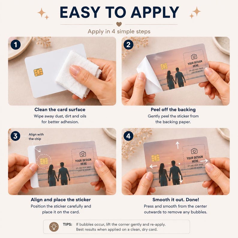 May include: An instructional image demonstrating how to apply a sticker to a card in four steps. The steps include cleaning the card, peeling the sticker, aligning the sticker, and smoothing it. Text at the top reads "EASY TO APPLY".