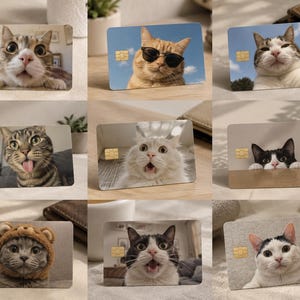 May include: Nine novelty credit cards, each displaying a different cat with a comical expression. Some cats wear sunglasses or hats. The cards feature a gold-coloured chip and are set against various backgrounds.
