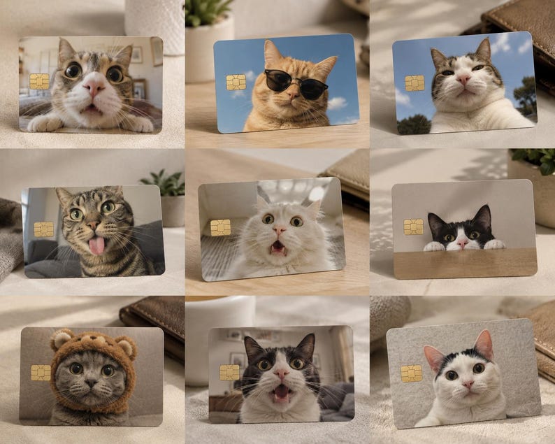 May include: Nine novelty credit cards, each displaying a different cat with a comical expression. Some cats wear sunglasses or hats. The cards feature a gold-coloured chip and are set against various backgrounds.