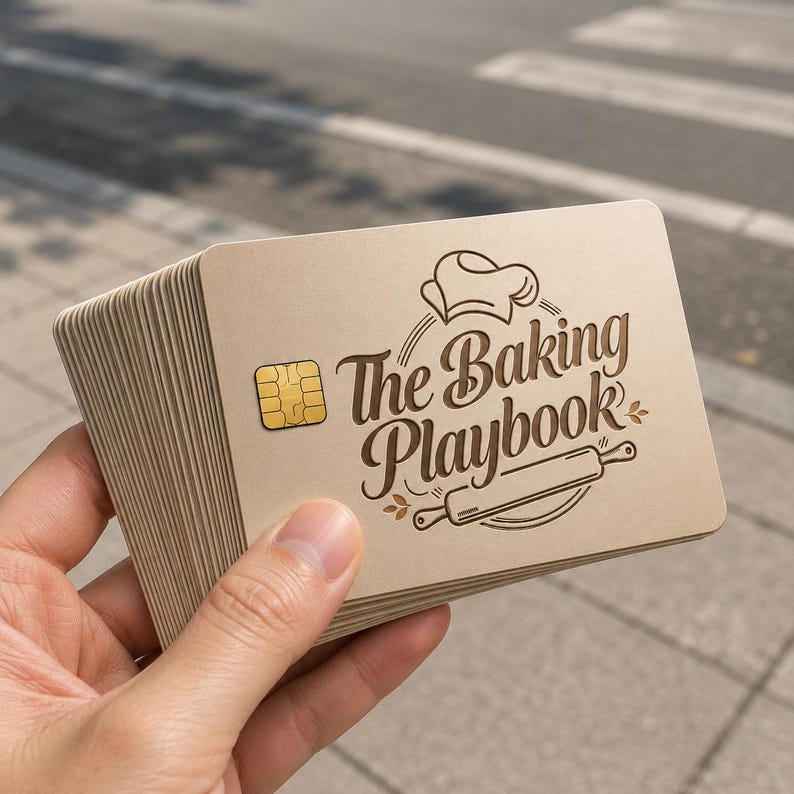 Op de afbeelding: Een hand houdt een stapel beige kaarten vast. De kaarten tonen de tekst "The Baking Playbook" in een scriptlettertype, een koksmuts en een deegroller. Een goudkleurige chip is zichtbaar linksboven.