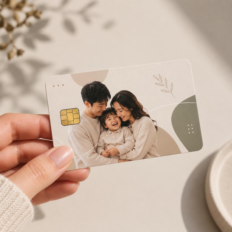 May include: A personalized credit card featuring a family portrait. The card has a beige background with abstract shapes and a floral design. The family is smiling and embracing. The card also has a gold chip.