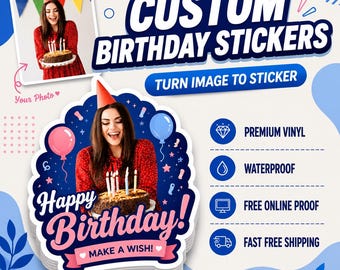 Custom Photos Sticker: Waterproof Birthday Decal, Durable Labels for Packaging, Party, Cups, Bulk Order