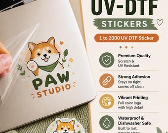 Custom Logo UV DTF Sticker: Waterproof Transfer Decals, Durable Stickers for Packaging, Cups, Laptops, Small Business Labels