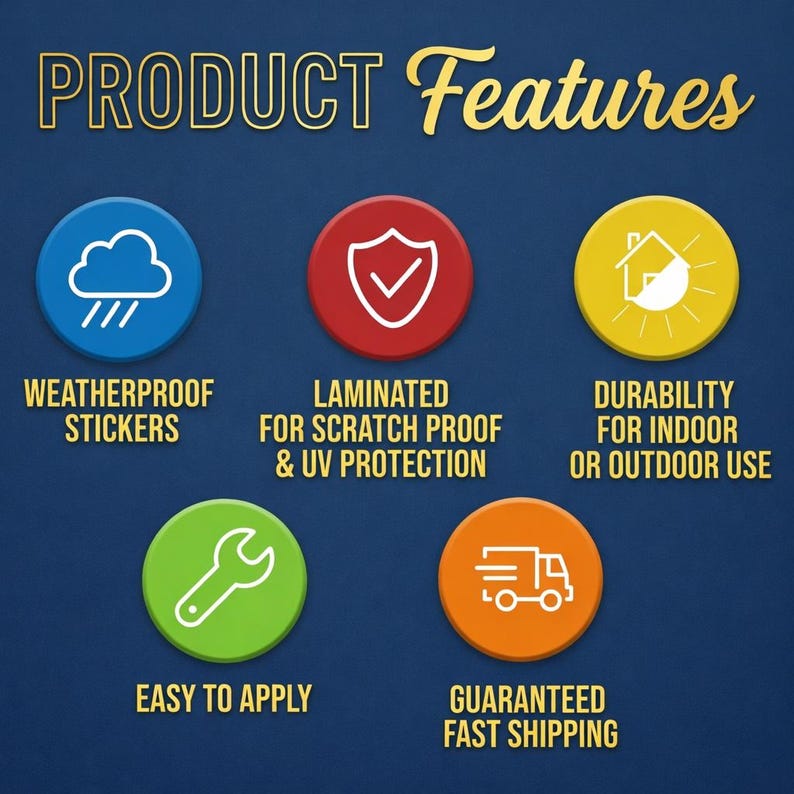 May include: A navy blue graphic with the words "PRODUCT Features" in gold script. The graphic features icons and text describing the product's features: weatherproof stickers, laminated for scratch proof & UV protection, durability for indoor or outdoor use, easy to apply.