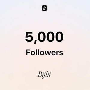 May include: Image with the TikTok logo at the top. The number "5,000" is displayed in bold black font, followed by the word "Followers". The username "Bijlii" is written in a cursive font at the bottom.