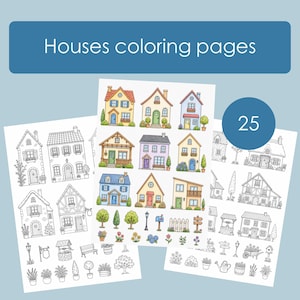 May include: Three sheets of coloring pages with house illustrations. The pages show various house designs in colour and black and white, with additional elements like trees, flowers, and garden accessories. The text "Houses coloring pages" is displayed at the top.