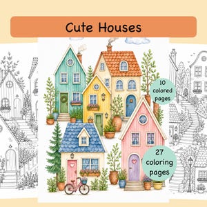 以下が含まれることがあります： Cute Housesというタイトルのデジタル塗り絵の表紙。中央にはティール、イエロー、ピンクのカラフルな家々、鉢植え、自転車が描かれています。画像には10 colored pages、27 coloring pagesというテキストが含まれています。