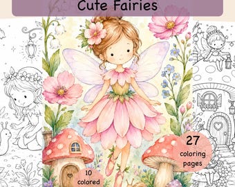 Simpatiche pagine da colorare di fate, stampabili, ambientate in un bosco fantastico. Attività con fate: 27 pagine + 10 pagine colorate. Download immediato.