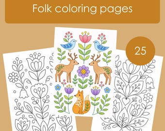 Puede incluir: Tres páginas para colorear de estilo folk con diseños florales y animales. Una página presenta un ciervo, un zorro y pájaros con flores coloridas. Las otras dos páginas tienen patrones florales en blanco y negro. El texto "Folk coloring pages" está en la parte superior.