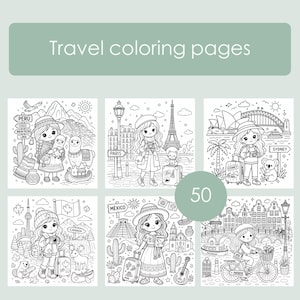 K&ouml;nnte beinhalten: Reise-Malvorlagen mit Illustrationen verschiedener Reiseziele. Jede Seite zeigt eine junge Reisende mit ber&uuml;hmten Sehensw&uuml;rdigkeiten wie dem Eiffelturm, dem Sydney Opera House und den Pyramiden von Mexiko. Der Text "Travel coloring pages" steht oben.