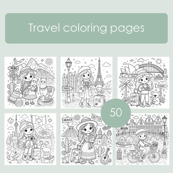Travel Coloring Pages for Kids & Adults Printable World Coloring Sheets Travel Activity Instant Download