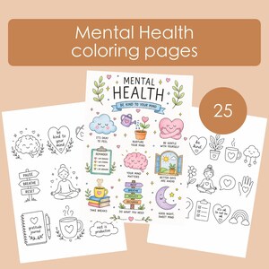 Könnte beinhalten: Malvorlagen zum Thema psychische Gesundheit mit Illustrationen eines Gehirns, Herzens, einer Wolke und anderen Symbolen für das psychische Wohlbefinden. Die Seiten enthalten den Text "Mental Health" und "Be Kind to Your Mind". Das Bild zeigt auch die Zahl "25".