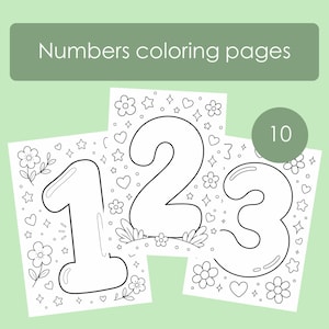 Könnte beinhalten: Drei weiße Ausmalbilder mit großen schwarzen Umrissen der Zahlen 1, 2 und 3. Jede Seite ist mit schwarzen Strichzeichnungen von Blumen, Sternen und Herzen verziert. Der Text "Numbers coloring pages" und "10" ist in grünen Feldern zu sehen.