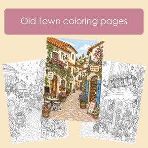 Könnte beinhalten: Ein Set von Old Town Malvorlagen mit drei Illustrationen von Straßen im europäischen Stil. Ein zentrales farbiges Bild zeigt einen gepflasterten Weg mit einem Café und einer Buchhandlung, flankiert von zwei schwarz-weißen Strichzeichnungen ähnlicher Szenen.