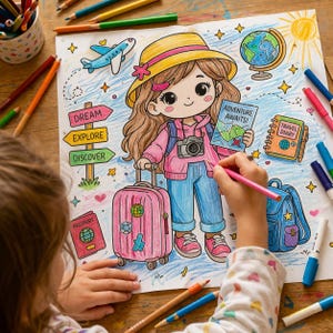 K&ouml;nnte beinhalten: Eine Malvorlage mit einem Cartoon-M&auml;dchen mit Koffer, Kamera und Karte, mit dem Text "Adventure Awaits!" und "Travel Diary". Das Bild enth&auml;lt einen Globus, ein Flugzeug und Richtungsschilder mit den Aufschriften "Dream", "Explore" und "Discover". Farbstifte umgeben das Bild.