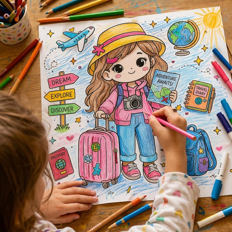 K&ouml;nnte beinhalten: Eine Malvorlage mit einem Cartoon-M&auml;dchen mit Koffer, Kamera und Karte, mit dem Text "Adventure Awaits!" und "Travel Diary". Das Bild enth&auml;lt einen Globus, ein Flugzeug und Richtungsschilder mit den Aufschriften "Dream", "Explore" und "Discover". Farbstifte umgeben das Bild.