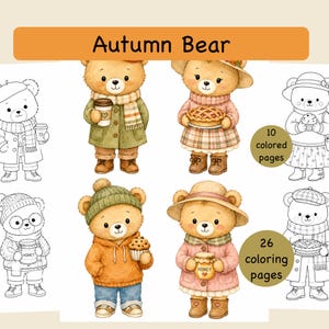 May include: A digital collection titled Autumn Bear featuring illustrations of bears in seasonal clothing. The set includes colored and black-and-white line art pages, with text labels indicating 10 colored pages and 26 coloring pages for children.