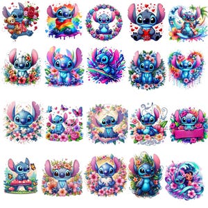 May include: A collection of colorful, whimsical illustrations featuring the character Stitch from Lilo & Stitch. Each image showcases Stitch surrounded by flowers, rainbows, or holding objects like a teddy bear. The artwork is vibrant and detailed, with a focus on bright colors and floral elements.