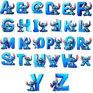 Op de afbeelding: Een complete alfabetset met het personage Stitch uit Lilo & Stitch. Elke letter is helderblauw, met Stitch in verschillende poses. De letters zijn 3D en lijken opgeblazen, wat een speels ontwerp creëert.