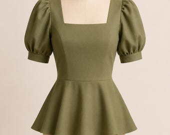 Sage Green Peplum Blouse with Puff Sleeves PDF Guide