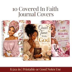 May include: A collection of 10 journal covers with illustrations of Black women. The journals feature inspirational text, floral accents, and the text "Quiet Time With God." Each journal measures 8.5x11 inches.