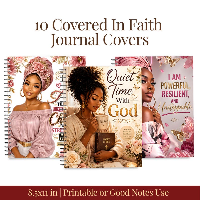 May include: A collection of 10 journal covers with illustrations of Black women. The journals feature inspirational text, floral accents, and the text "Quiet Time With God." Each journal measures 8.5x11 inches.