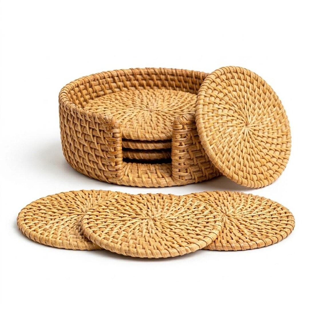 Handwoven Rattan Coaster Set With Holder, Boho Table Decor, Natural ...