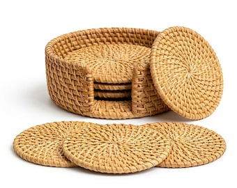 Handwoven Rattan Coaster Set with Holder, Boho Table Decor, Natural Drink Coasters