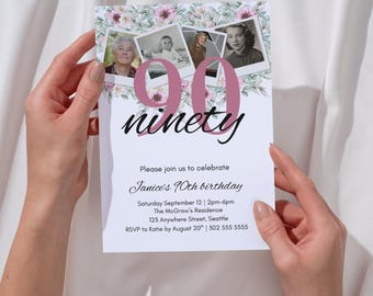 Invitación de cumpleaños número 90 / Celebración elegante y floral del nonagésimo cumpleaños / Invitación sencilla con foto / ¡Mira quién cumple 90!