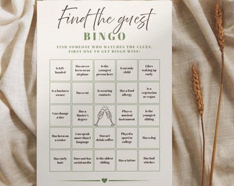 Vind de gastbingo-ontvangstactiviteit | Afdrukbare bruiloftbingo | Bewerkbare spelsjabloon vrijgezellenfeest