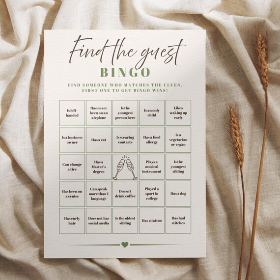 Find the Guest Bingo Reception Activity | Printable Wedding Bingo | Editable Bridal Shower Game Template