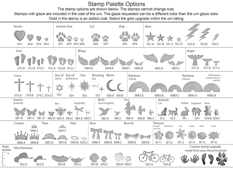 A sheet showing all of the stamps that can be requested on the custom urns by vitrifiedstudio. These include hearts, paw prints, stars, star of david, lightening bolt, footprints, angel wings, angels, crosses, sun, moon, shooting star, rainbows, butterflies, hummingbird, dragonfly, dove, teddy bear, bee, sea turtle, crown, tiara, halo, bow, bow tie, flower daisy lily sunflower lotus forget-me-not, cowboy hat, feather, 4 leaf clover, sea shell, and bicycle stamp. custom stamps are available.