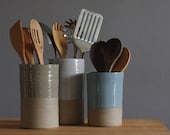 One utensil holder or vase in sand stoneware clay and choice of glaze color. utensil holder by vitrifiedstudio