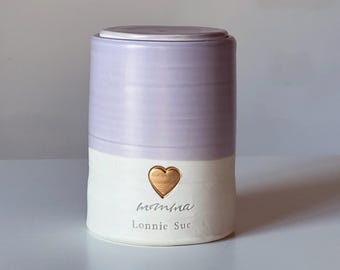 partial volume adult urn. Purple with heart shown. Personalized name & date. Mom Momma Mum