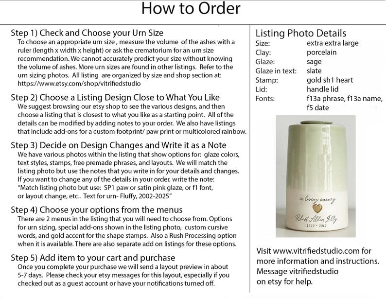 a page showing how to order a custom urn made by vitrifiedstudio on etsy. it has a sample photo with the details described for the sample urn and instructions to contact vitrifiedstudio if you need design assistance for a custom urn
