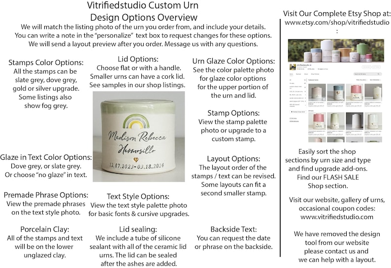 a page showing design options for a custom urn made by vitrifiedstudio. Design options include custom text, choice of stamp, font choice, and layout. Information on how to find the vitrifiedstudio etsy shop homepage is also shown.