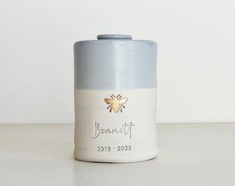 Custom pet urn or person urn. personalized cursive name shown with gold bee