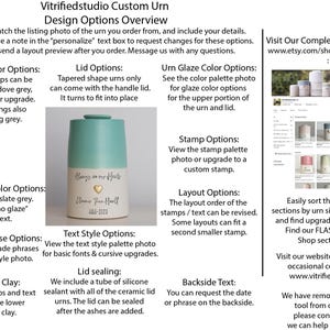 a page showing design options for a custom urn made by vitrifiedstudio. Design options include custom text, choice of stamp, font choice, and layout. Information on how to find the vitrifiedstudio etsy shop homepage is also shown.