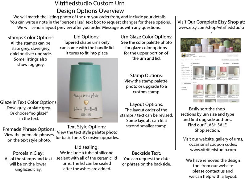 a page showing design options for a custom urn made by vitrifiedstudio. Design options include custom text, choice of stamp, font choice, and layout. Information on how to find the vitrifiedstudio etsy shop homepage is also shown.
