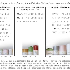 Image displays a size chart for urns by vitrifiedstudio, with volume and dimensions in inches and cubic inches. Includes examples of urn styles and sizes, from XXS to XXXL, with text descriptions.