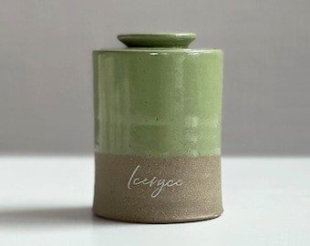 dark sand stoneware urn. personalized name shown by vitrifiedstudio