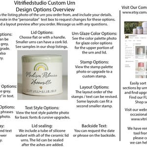 a page showing design options for a custom urn made by vitrifiedstudio. Design options include custom text, choice of stamp, font choice, and layout. Information on how to find the vitrifiedstudio etsy shop homepage is also shown.