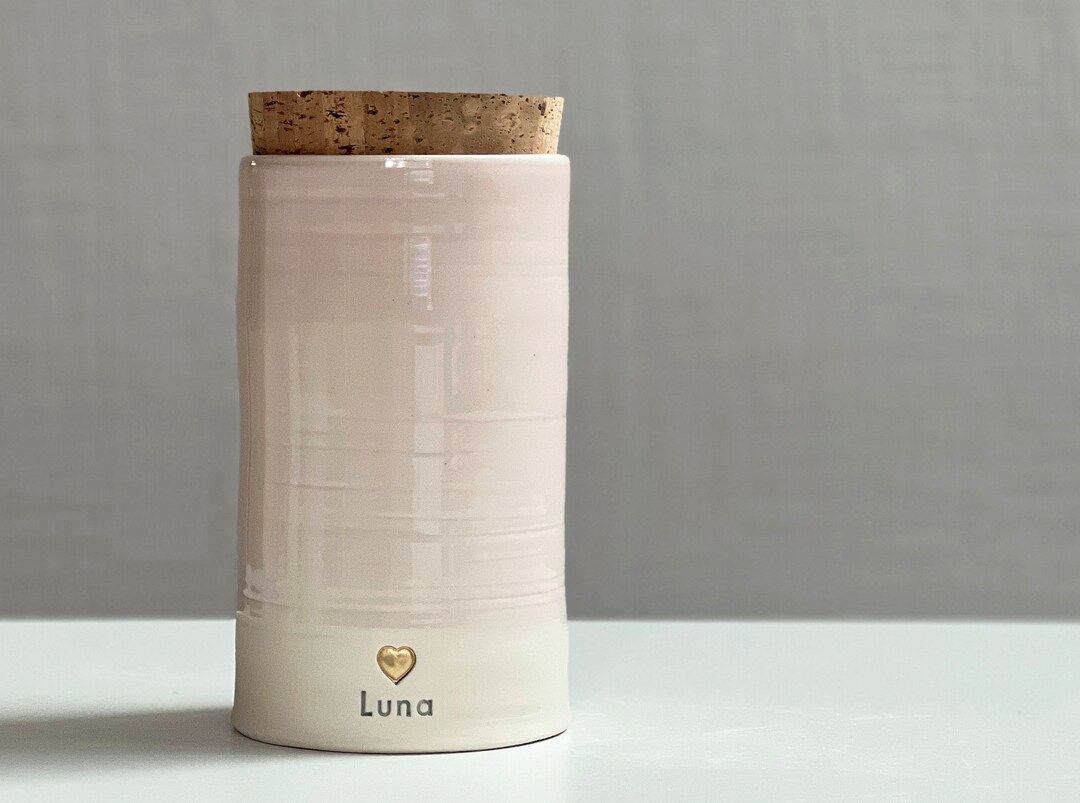Modern Pet Urn. Cork Lid. Simple Pink Urn Shown With Name and Heart