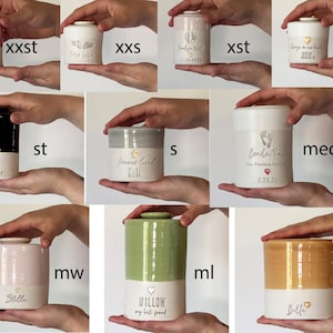 image of various urn sizes, each held in the hand for scale. the urns are all available in several sizes, some sizes might be found in other listings in the vitrifiedstudio custom urn shop.