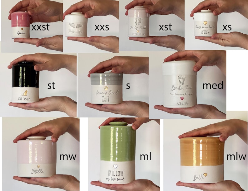 image of various urn sizes, each held in the hand for scale. the urns are all available in several sizes, some sizes might be found in other listings in the vitrifiedstudio custom urn shop.