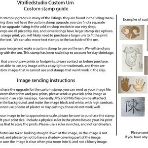 a page showing vitrifiedstudio's custom stamp options that include custom paw prints, custom infant footprints, a custom stamps for Chinese names, Japanese names, or Korean names.